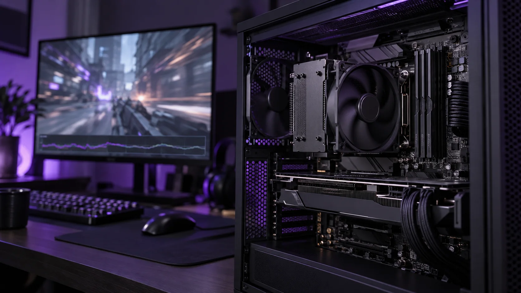 Computador gamer aberto com o cooler do processador em destaque e monitor ao fundo